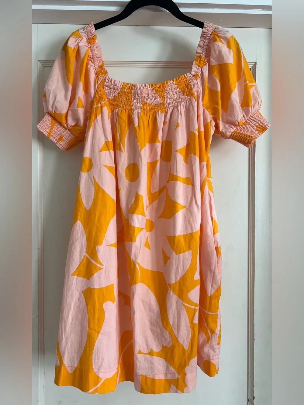 Free People Cotton Puff Sleeve Mila Printed Mini Dress Tangerine Combo Size XS